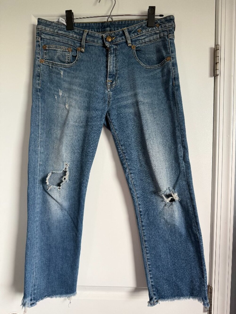 R13 Denim Straight Boy Jeans Baylis With Rips Distressed Raw Hem Size 30